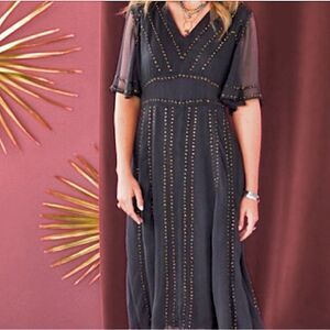 Sundance Dance The Night Away Beaded Sequin V-Neck Lined Midi Dress Size Small